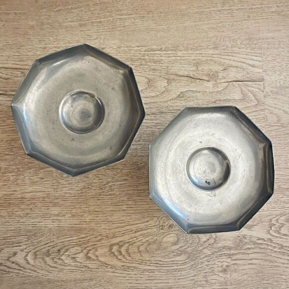 Vintage Pewter Octagon Rim Candle Holders Compote Dish Set of 2 - Picture 6 of 16